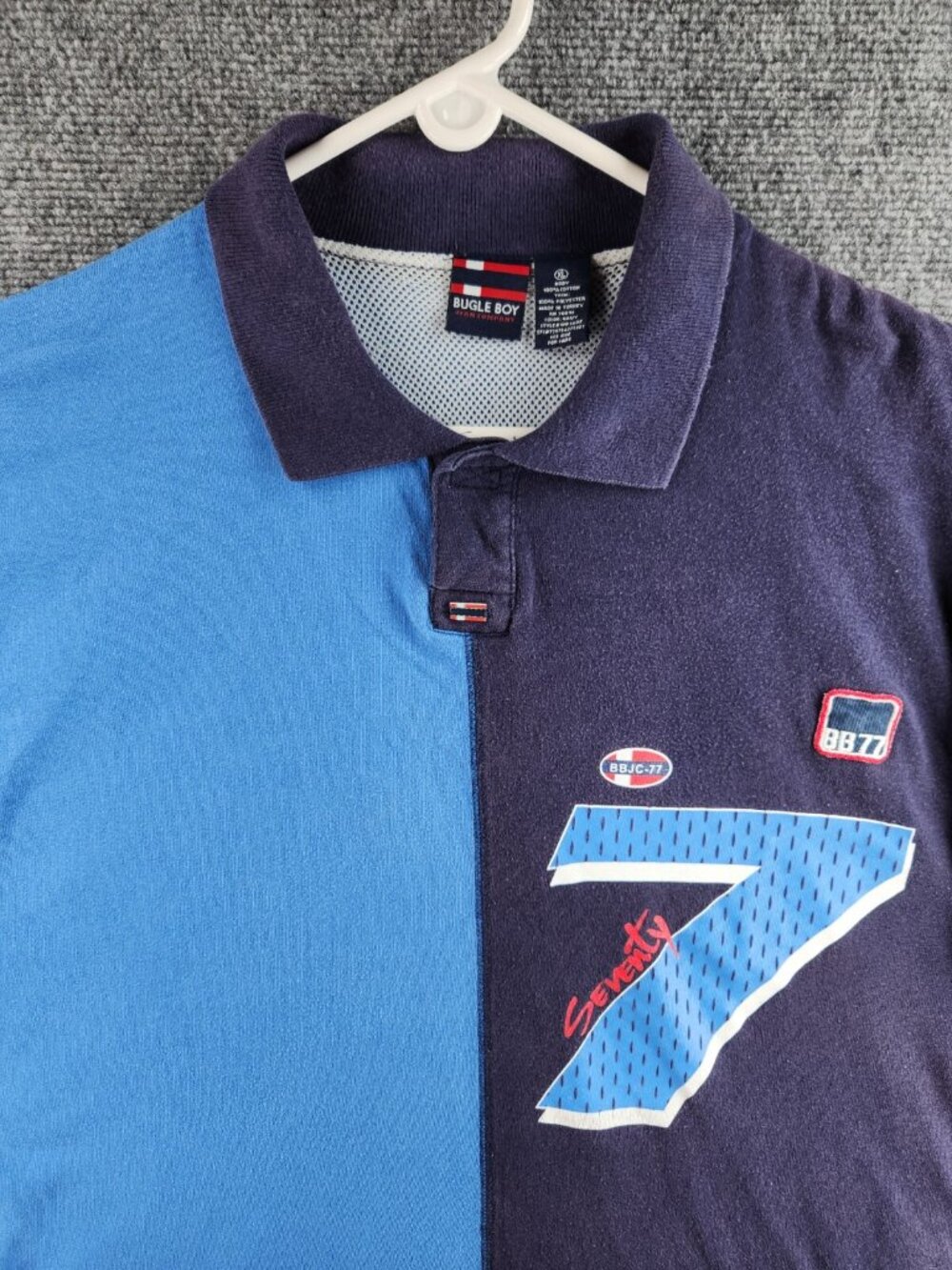 VTG Bugle Boy Polo Shirt XL Cotton Logos Print All Over Embroidered Knit Adult